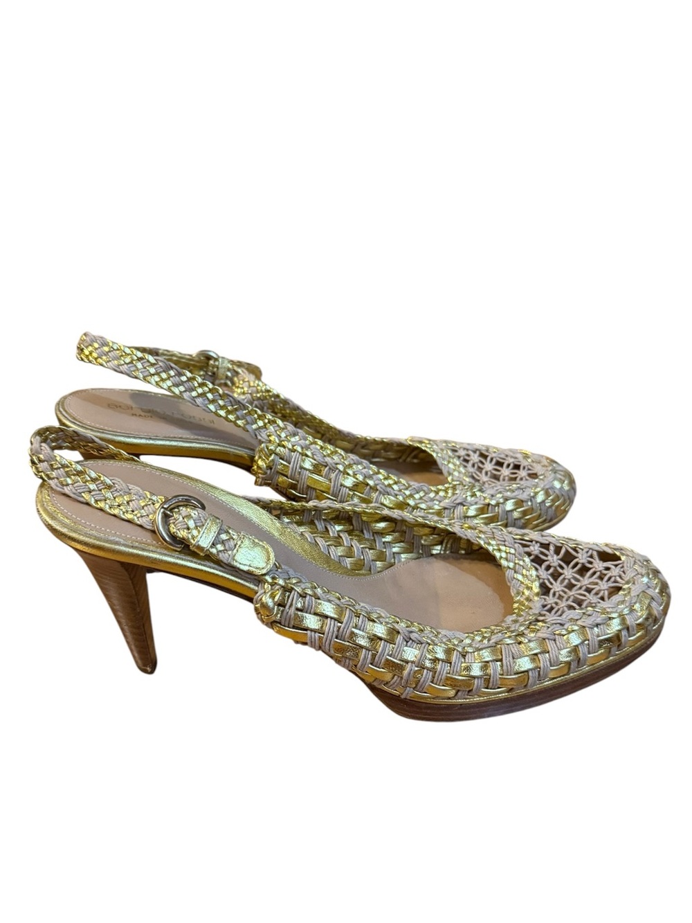 Sergio Rossi Gold Woven Leather Slingback Heels Made in Italy Size 40